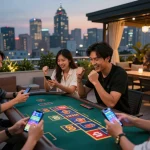 Players celebrating their wins while engaging in DAFTAR IDNSCORE online gaming experience, vibrant city skyline in background.