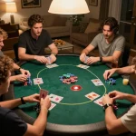 Friends playing poker at home during a game night, showcasing sunhouseofficial lifestyle with strategic gameplay.