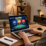 Sunwin player engaging with the casino interface on a laptop, showcasing strategic online gaming.