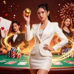 Experience thrilling gameplay at Yo88, showcasing a confident woman holding a roulette ball in a luxurious casino setting.