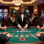 Players engaged at UG DEWA blackjack table, showcasing chips and strategic gameplay in a luxury casino.