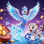 Hitclub showcases an ice phoenix and playful snow leopard amidst slot machines and vibrant casino elements.
