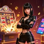 Xocdia88 features an Asian woman in a casino setting with slot machine elements and Bitcoin coins.