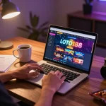 Engaging online gaming scene at LOTO188 with player using laptop and strategy notes.
