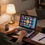 Engaging in slot bet 100 while enjoying a cozy home gaming setup with colorful graphics
