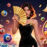 Situs Judi Bola features a stunning Asian woman amidst vibrant lottery elements, enhancing the excitement in gambling.