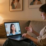 A user interacting with an AI girlfriend on a laptop in a cozy living room, highlighting the concept of ai gf.