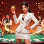 Engage in thrilling gameplay with c168 featuring a confident woman at a poker table surrounded by vibrant casino elements.