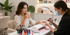 Professional manicure at Paradise Nail Beauty salon with vibrant polish and elegant decor.