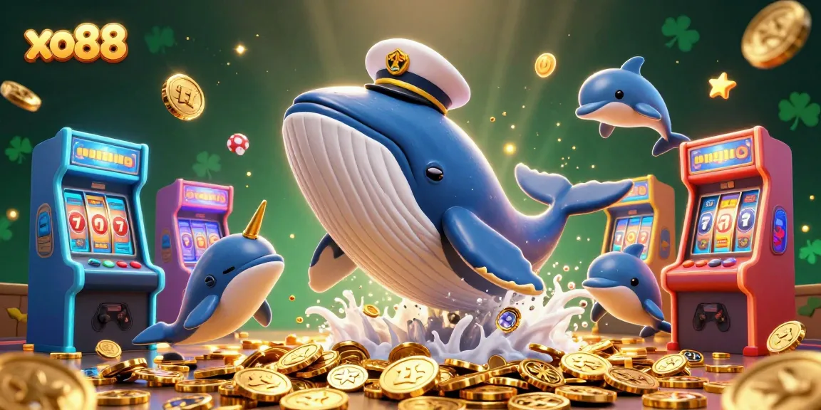 Engage with xo88's vibrant casino experience featuring a whale captain amidst golden coins and playful dolphins.