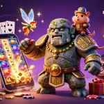 BUDI4D login scene with a golem guardian, magical fairy, and hamster knight amid casino symbols.