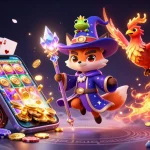 Engage in thrilling gameplay with okvip, where a wizard fox and phoenix explore vibrant slots and games.
