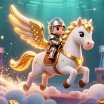 Toke slot showcases a vibrant 3D casino scene with a knight and celestial horse, surrounded by glowing game elements.
