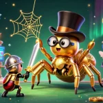 Experience thrilling gaming action at me99, where a golden tarantula spins luck among slot machines and vibrant characters.