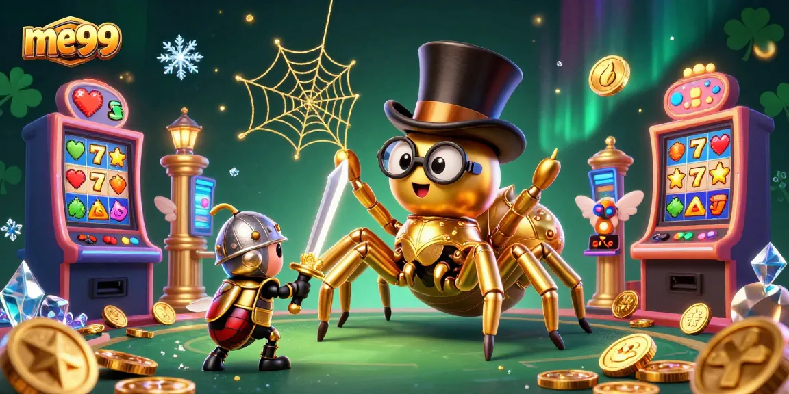 Experience thrilling gaming action at me99, where a golden tarantula spins luck among slot machines and vibrant characters.