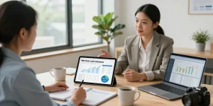 Business meeting focusing on merchant cash advance vs loan, advisor discussing financial options with owner in a modern office.