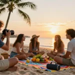 Link tantegacor88 dengan teman-teman menikmati piknik di pantai saat matahari terbenam.