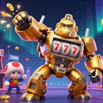 Experience thrilling slot action with a golden gorilla mech bursting with coins in this dynamic casino scene.