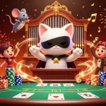Mainkan idn poker official dengan suasana meriah di kasino, tumpukan chip, dan kartu.