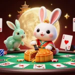 Engage with man88 through dynamic poker action featuring a whimsical moon rabbit and vibrant casino elements.