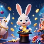 Experience GK88 with a magician rabbit, dove, and monkey in a vibrant casino scene.