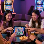 Situs Slot Gacor Asialive88 online casino scene with friends enjoying a game on a tablet amid vibrant decor.