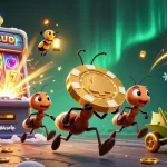 11bet2026 ants carrying a golden poker chip amidst a bursting slot machine and treasure