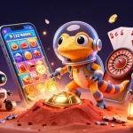 WIN678 entertains with a Martian gecko exploring a casino while enjoying slot games and golden prizes