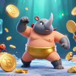 Engage in thrilling gaming at red88, featuring an energetic sumo champion amidst dazzling coins and crypto elements.