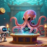 Witness the excitement of ĐÁ GÀ 88 as a vibrant octopus operates a holographic betting table amidst dynamic gambling elements.