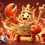Rồng Bạch Kim showcases a golden crab emperor with a treasure map in a vibrant lottery scene.