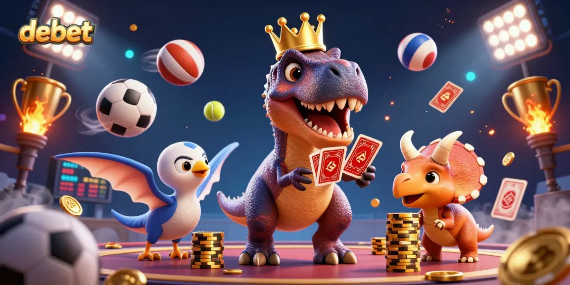 Engage in thrilling sports betting with debet's vibrant 3D dinosaur scene featuring card games and football.