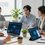 Dynamic IT support team analyzing business IT support services with live data dashboards in a sleek office environment.