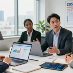 Consultant discussing fixed business energy rates with a diverse team in a modern office