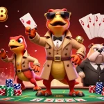 Engage in thrilling action at 9bet88 with raptors in disguise attempting to enter a lavish casino lounge.