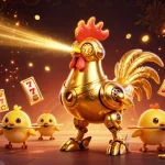 KICAU678 features a golden rooster robot and baby chick drones amidst vibrant gambling elements.