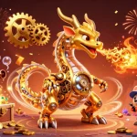 Experience the thrill of Hay88 as a golden dragon breathes cogs amidst a vibrant casino scene.