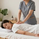 Korean therapist delivering 영등포출장안마 service in a serene home setting with soothing decor.