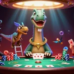 Experience the thrill of o8 com with a whimsical casino scene featuring a quirky brontosaurus and clever raptor!