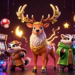Engage with USBET's vibrant casino experience showcasing a Celtic druid stag and arcade games.