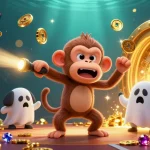 Experience Okwintv as a playful poltergeist monkey juggles golden treasures in a vibrant casino.