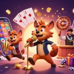 KICAU678 comedy casino scene with hyenas, vibrant gaming elements, and engaging atmosphere