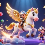 Experience excitement with mega888: A fantasy scene of a celestial horse and knight amidst dynamic casino game elements.