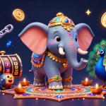 Experience the vibrant gambling world of xx88 vin with a festive Diwali-themed elephant amidst captivating slot and crypto elements.
