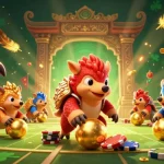 SLOT rivals battle amidst dynamic casino action with pangolins, poker chips, and gold coins.