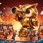 Experience the excitement of SHBET with a golden owl watching over a vibrant casino scene filled with treasures and games.