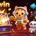 Engage in VIPWIN's thrilling casino experience with dynamic slot machine action and space-themed characters.