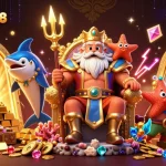 IDCOIN188 showcases a lively casino scene with Neptune surrounded by treasures and slot machines.