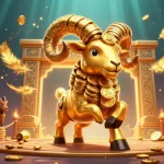Engage in exciting gaming at uu88 with a golden ram charging through a grand casino scene.