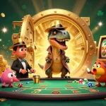 DABET showcases a thrilling blackjack table scene with a velociraptor and friends amidst riches.